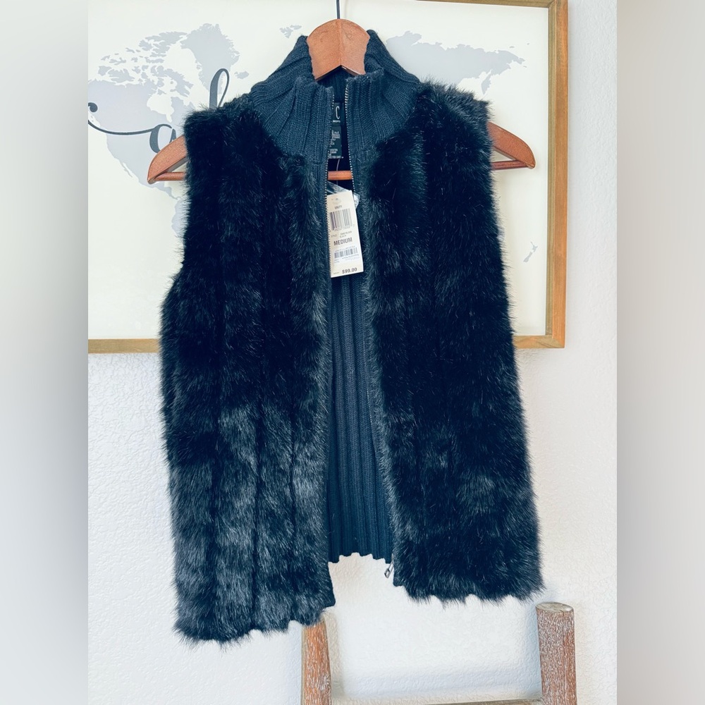 INC size medium faux fur zip vest nwt black